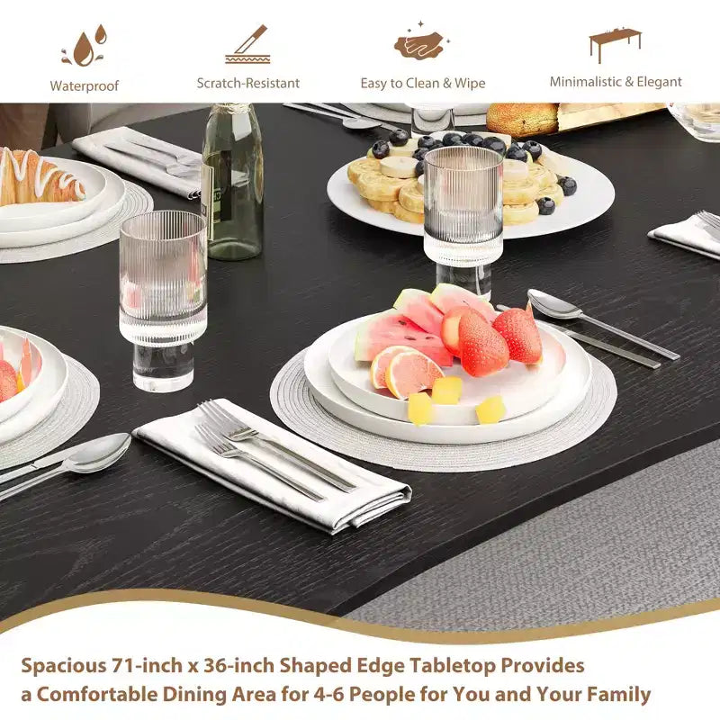 Table à manger 6-8 personnes, Table à bord irrégulier de style rustique vague avec plateau épais en MDF et cadre en métal, Imperméable et résistante aux rayures