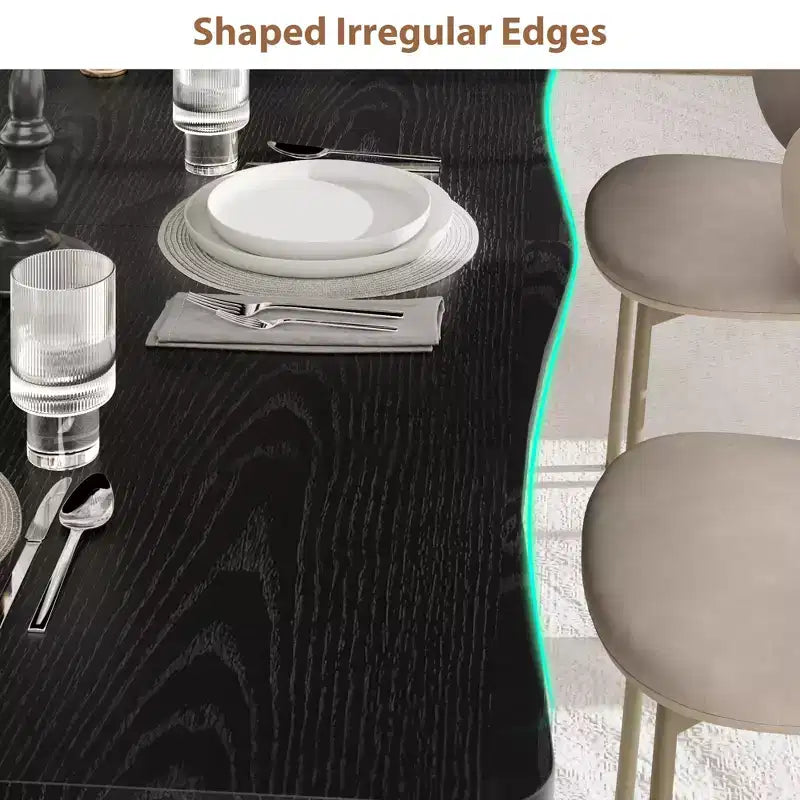 Table à manger 6-8 personnes, Table à bord irrégulier de style rustique vague avec plateau épais en MDF et cadre en métal, Imperméable et résistante aux rayures