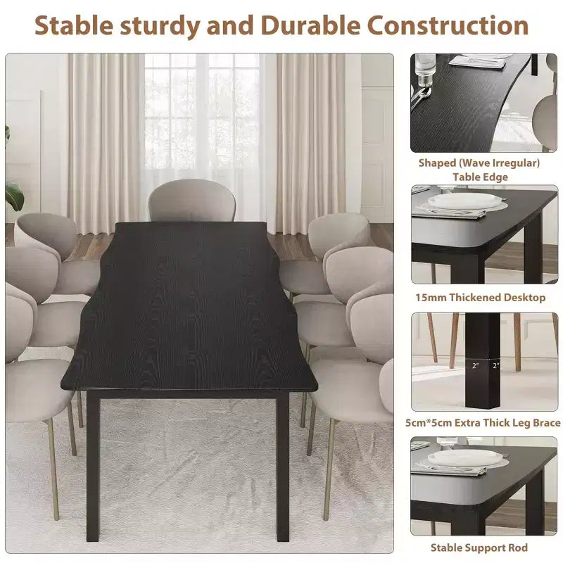 Table à manger 6-8 personnes, Table à bord irrégulier de style rustique vague avec plateau épais en MDF et cadre en métal, Imperméable et résistante aux rayures