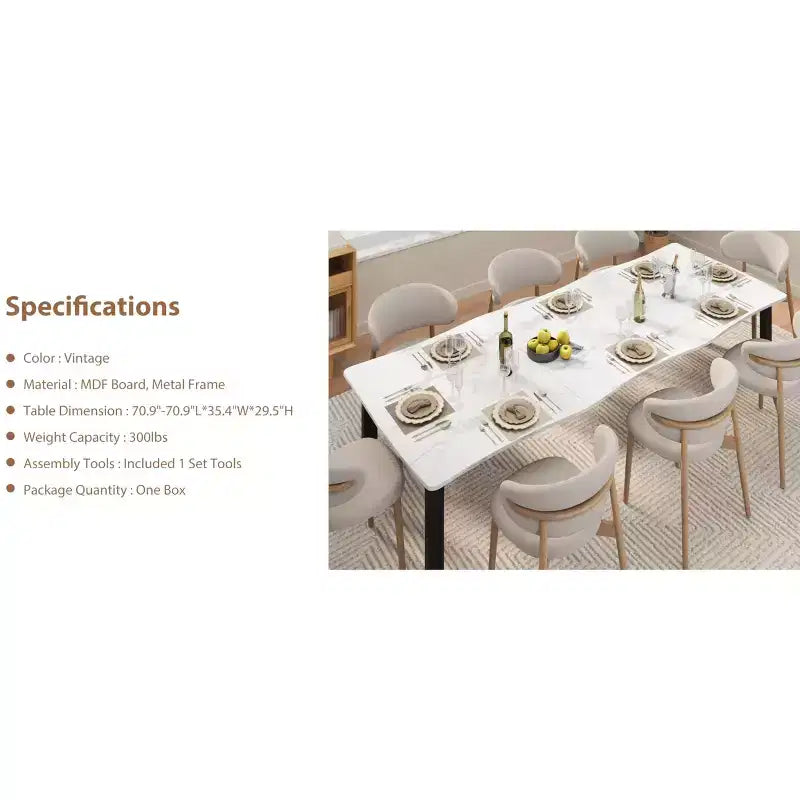Table à manger 6-8 personnes, Table à bord irrégulier de style rustique vague avec plateau épais en MDF et cadre en métal, Imperméable et résistante aux rayures