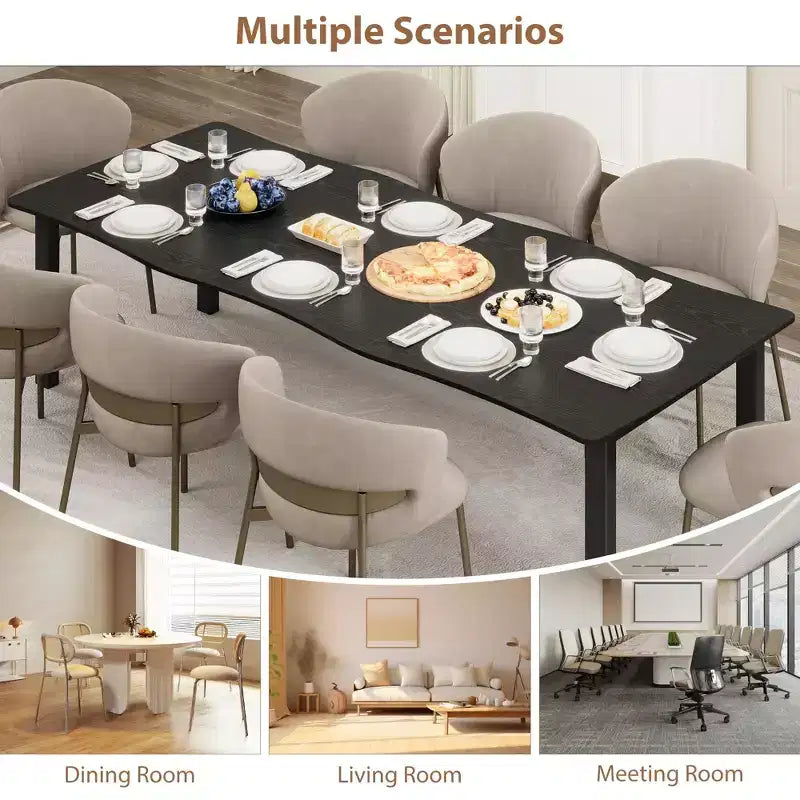 Table à manger 6-8 personnes, Table à bord irrégulier de style rustique vague avec plateau épais en MDF et cadre en métal, Imperméable et résistante aux rayures