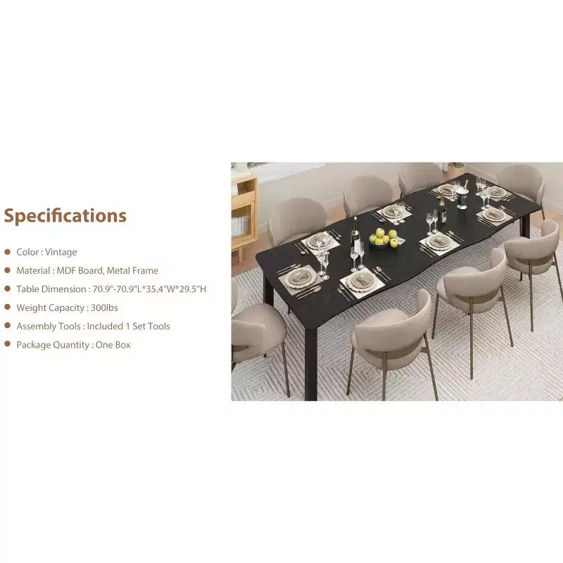 Table à manger 6-8 personnes, Table à bord irrégulier de style rustique vague avec plateau épais en MDF et cadre en métal, Imperméable et résistante aux rayures