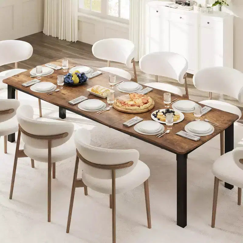 Table à manger 6-8 personnes, Table à bord irrégulier de style rustique vague avec plateau épais en MDF et cadre en métal, Imperméable et résistante aux rayures