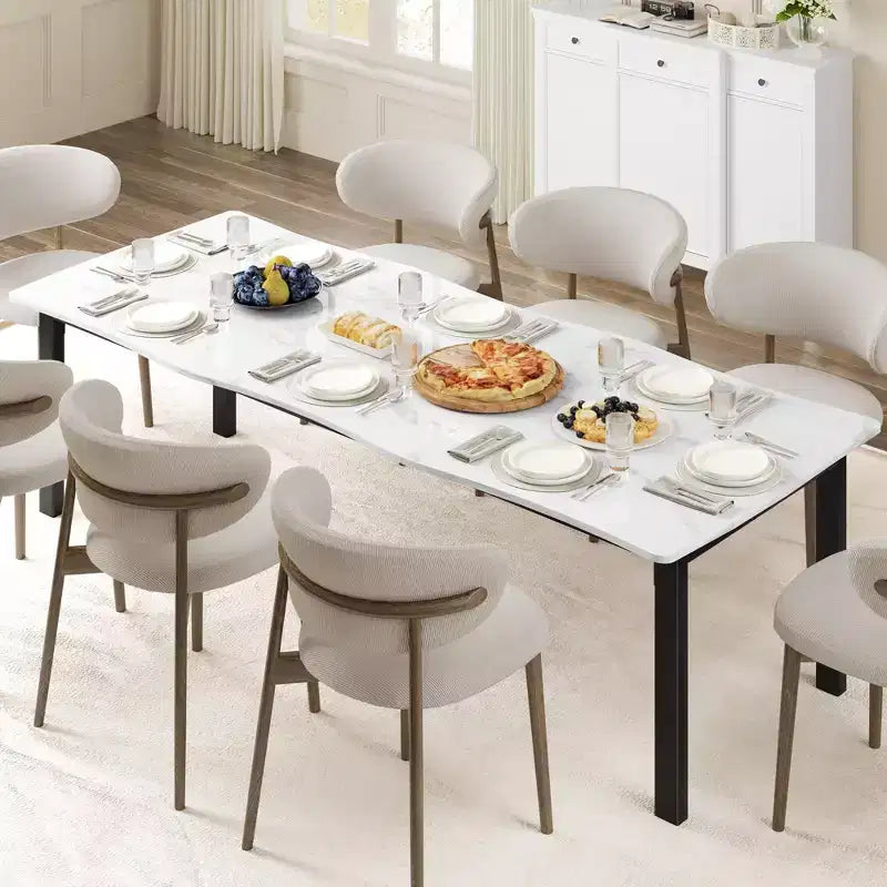 Table à manger 6-8 personnes, Table à bord irrégulier de style rustique vague avec plateau épais en MDF et cadre en métal, Imperméable et résistante aux rayures