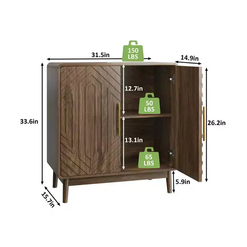 Buffet bas avec 2 portes sculptées – Noyer, étagère réglable