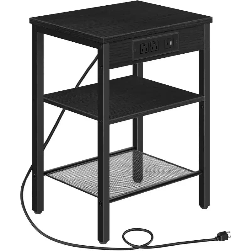 Table d'appoint noire à 3 niveaux avec station de recharge – USB, Type-C et étagère réglable