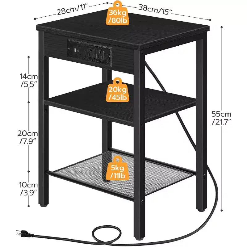 Table d'appoint noire à 3 niveaux avec station de recharge – USB, Type-C et étagère réglable