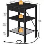 Table d'appoint noire à 3 niveaux avec station de recharge – USB, Type-C et étagère réglable