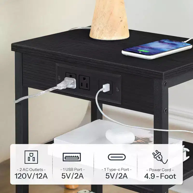 Table d'appoint noire à 3 niveaux avec station de recharge – USB, Type-C et étagère réglable