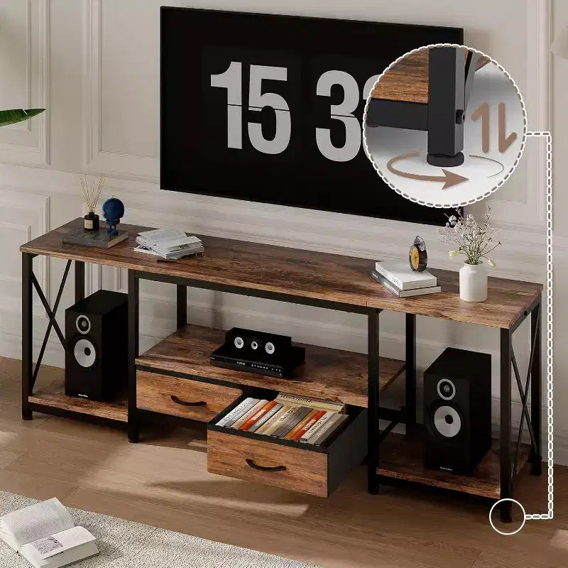 Meuble TV avec tiroirs en tissu, meuble de divertissement avec étagères de rangement ouvertes, table console TV, pour salon, chambre, bureau