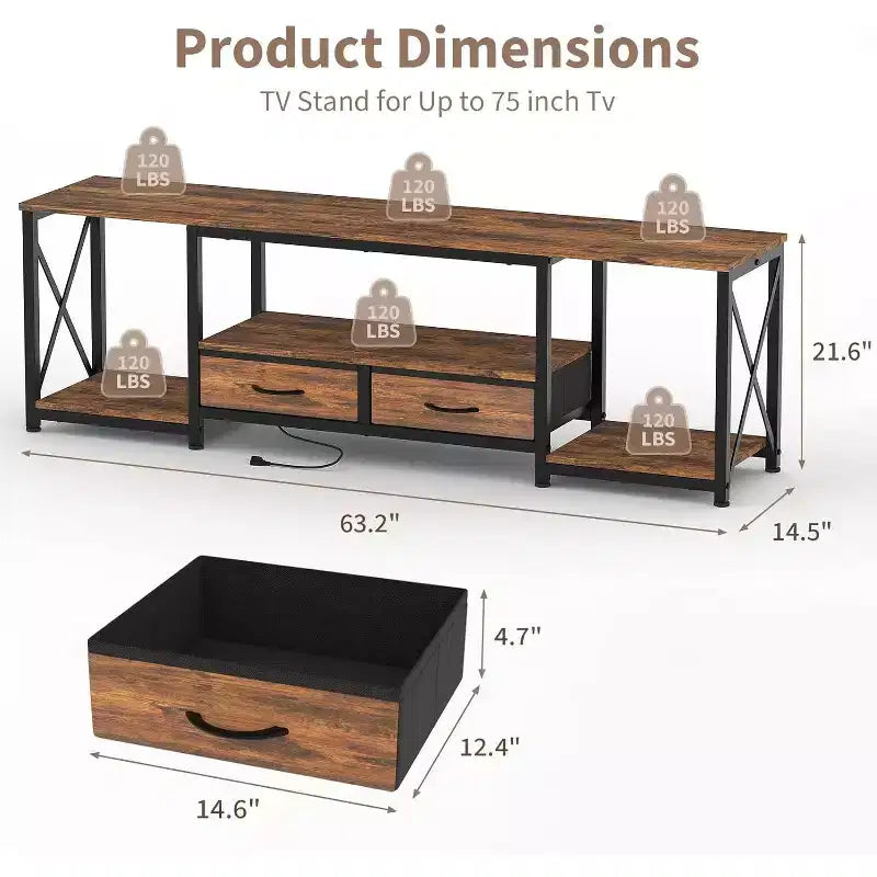 Meuble TV avec tiroirs en tissu, meuble de divertissement avec étagères de rangement ouvertes, table console TV, pour salon, chambre, bureau