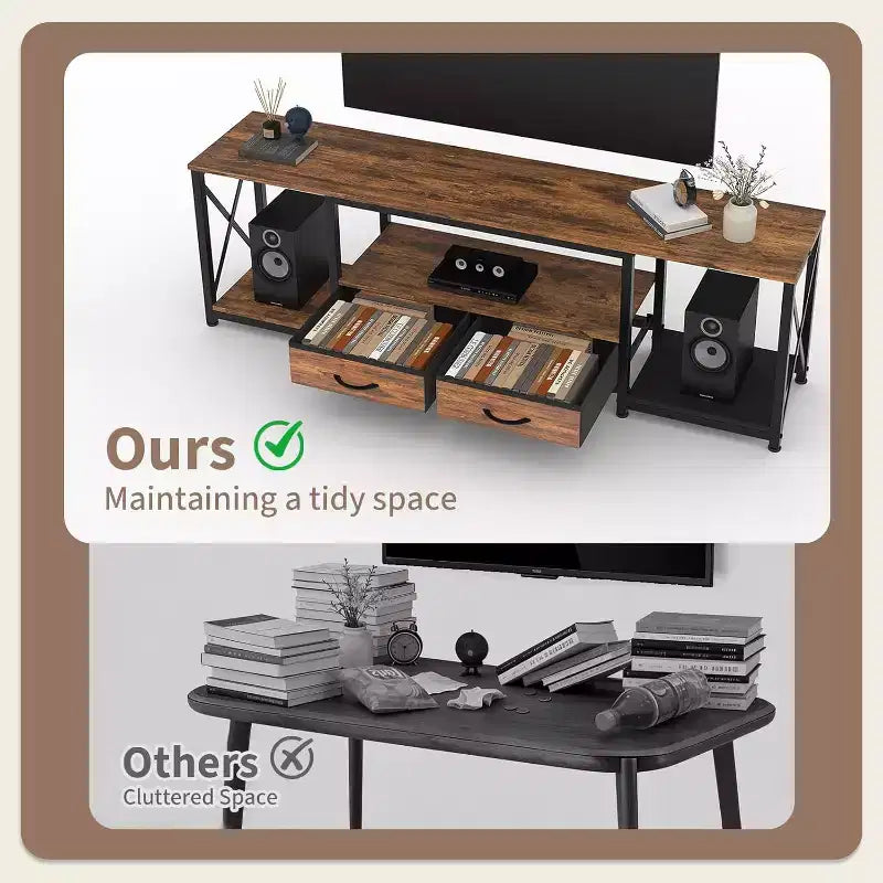 Meuble TV avec tiroirs en tissu, meuble de divertissement avec étagères de rangement ouvertes, table console TV, pour salon, chambre, bureau