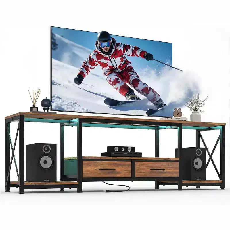 Meuble TV avec tiroirs en tissu, meuble de divertissement avec étagères de rangement ouvertes, table console TV, pour salon, chambre, bureau