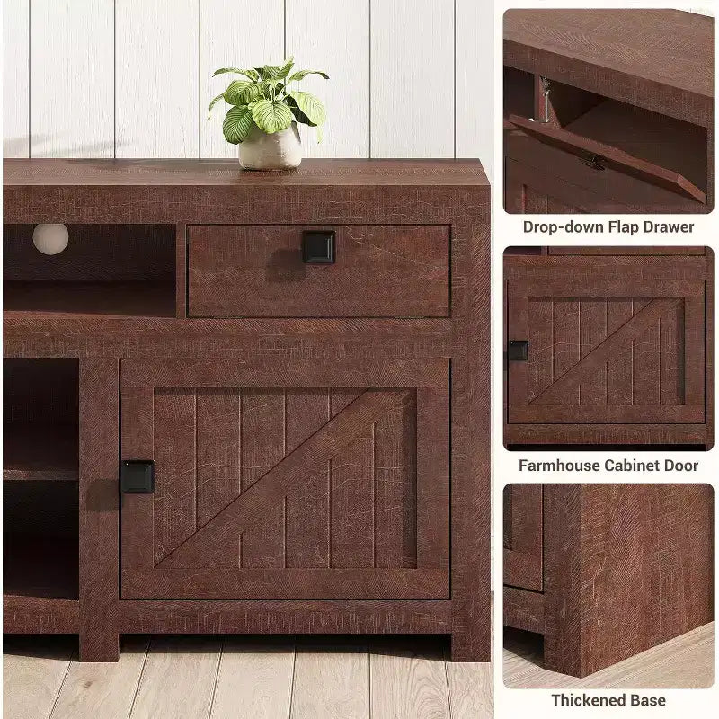 Meuble TV de ferme, meuble de divertissement avec 2 tiroirs, 2 armoires et 2 espaces de rangement ouverts, pour salon, chambre à coucher