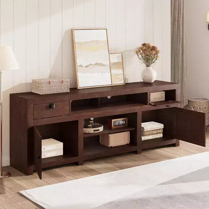 Meuble TV de ferme, meuble de divertissement avec 2 tiroirs, 2 armoires et 2 espaces de rangement ouverts, pour salon, chambre à coucher