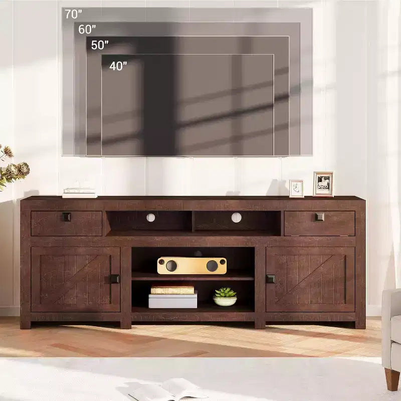 Meuble TV de ferme, meuble de divertissement avec 2 tiroirs, 2 armoires et 2 espaces de rangement ouverts, pour salon, chambre à coucher