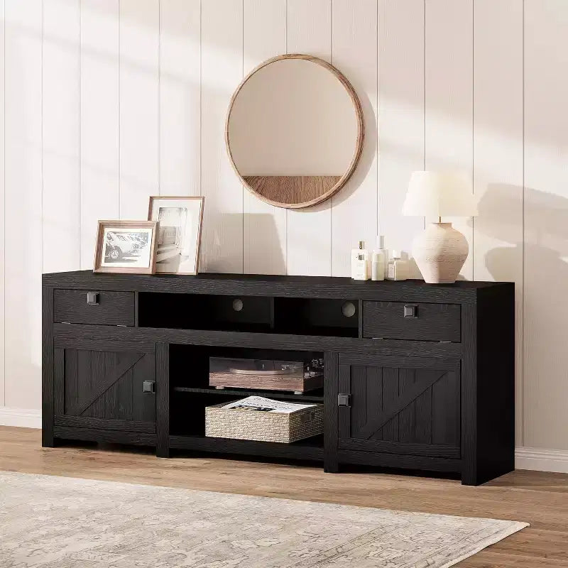 Meuble TV de ferme, meuble de divertissement avec 2 tiroirs, 2 armoires et 2 espaces de rangement ouverts, pour salon, chambre à coucher