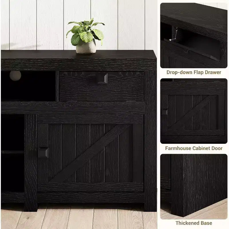 Meuble TV de ferme, meuble de divertissement avec 2 tiroirs, 2 armoires et 2 espaces de rangement ouverts, pour salon, chambre à coucher