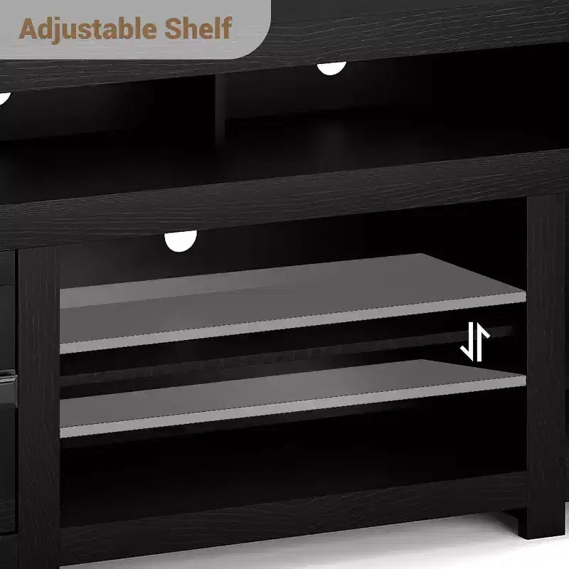 Meuble TV de ferme, meuble de divertissement avec 2 tiroirs, 2 armoires et 2 espaces de rangement ouverts, pour salon, chambre à coucher