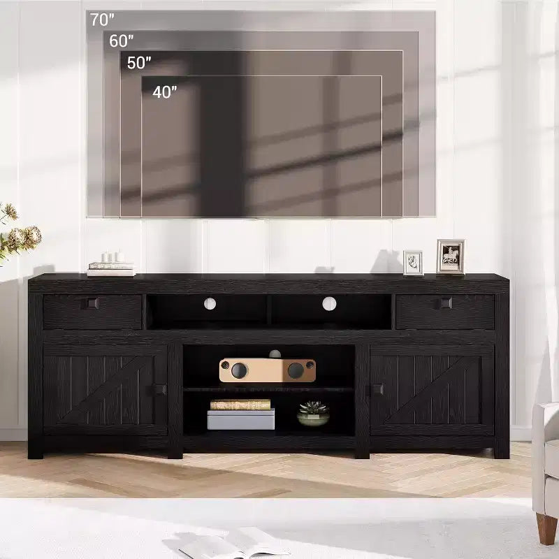 Meuble TV de ferme, meuble de divertissement avec 2 tiroirs, 2 armoires et 2 espaces de rangement ouverts, pour salon, chambre à coucher