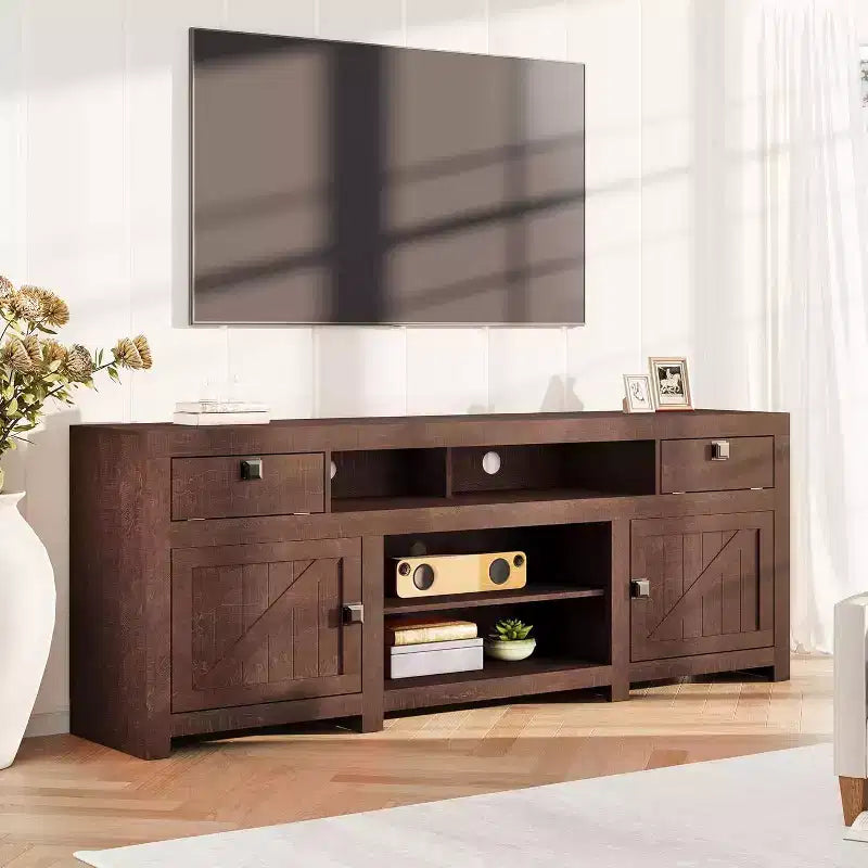 Meuble TV de ferme, meuble de divertissement avec 2 tiroirs, 2 armoires et 2 espaces de rangement ouverts, pour salon, chambre à coucher