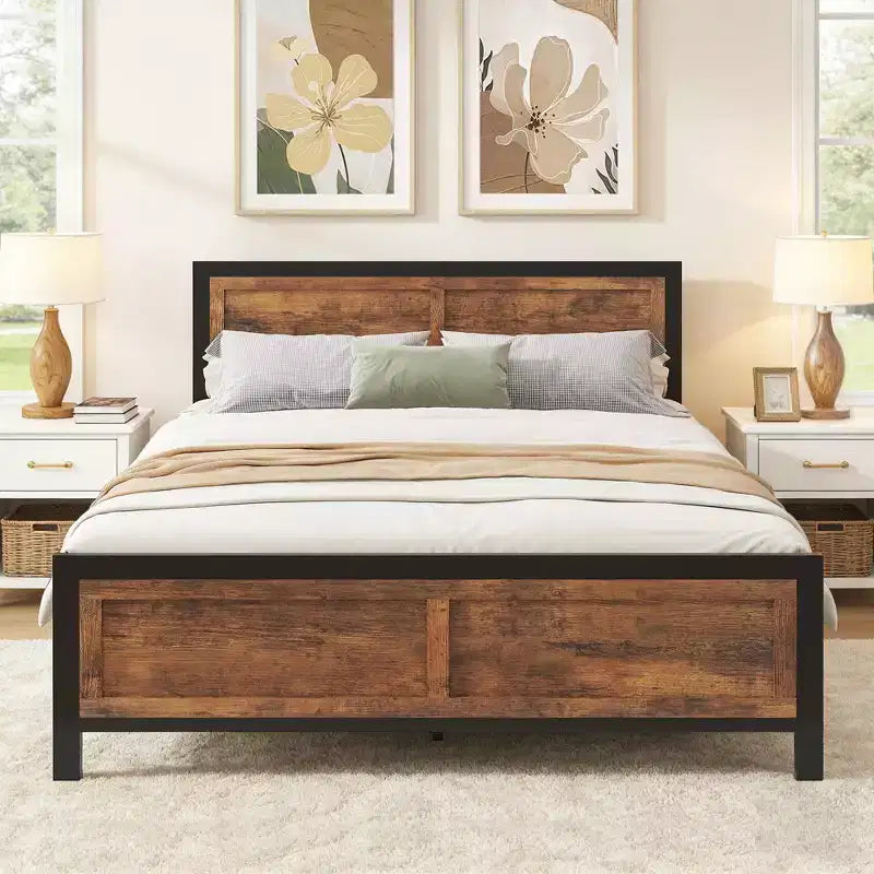 Dyonery Queen Bed Frame with 4 Storage Drawers, Metal Platform Bed with Wood Headboard & Footboard, No Box Spring Needed, Noise Free