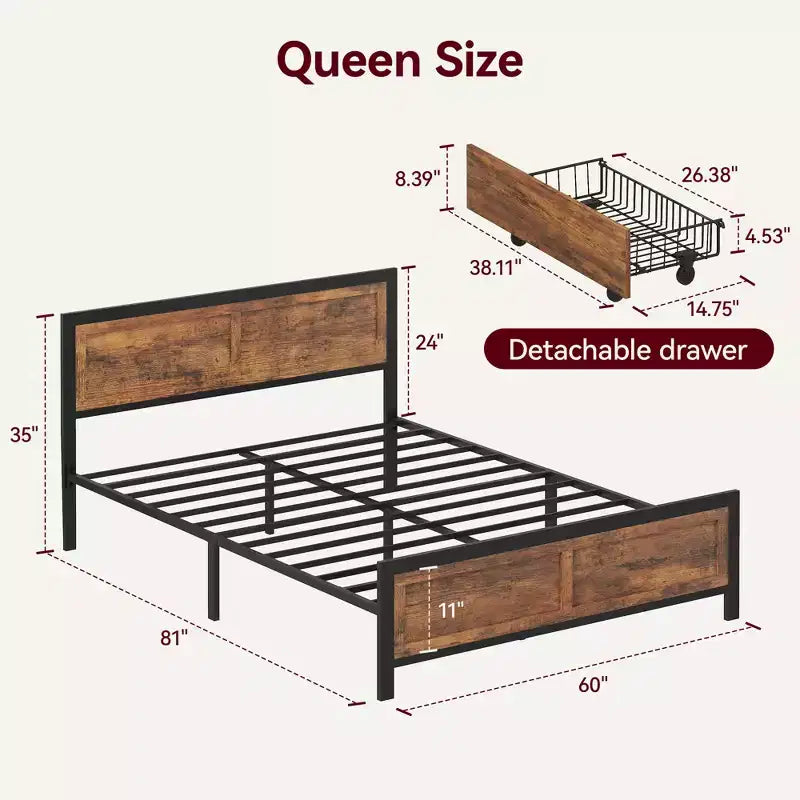 Cadre de lit Queen avec 4 tiroirs de rangement – Plateforme en métal, tête et pied de lit en bois