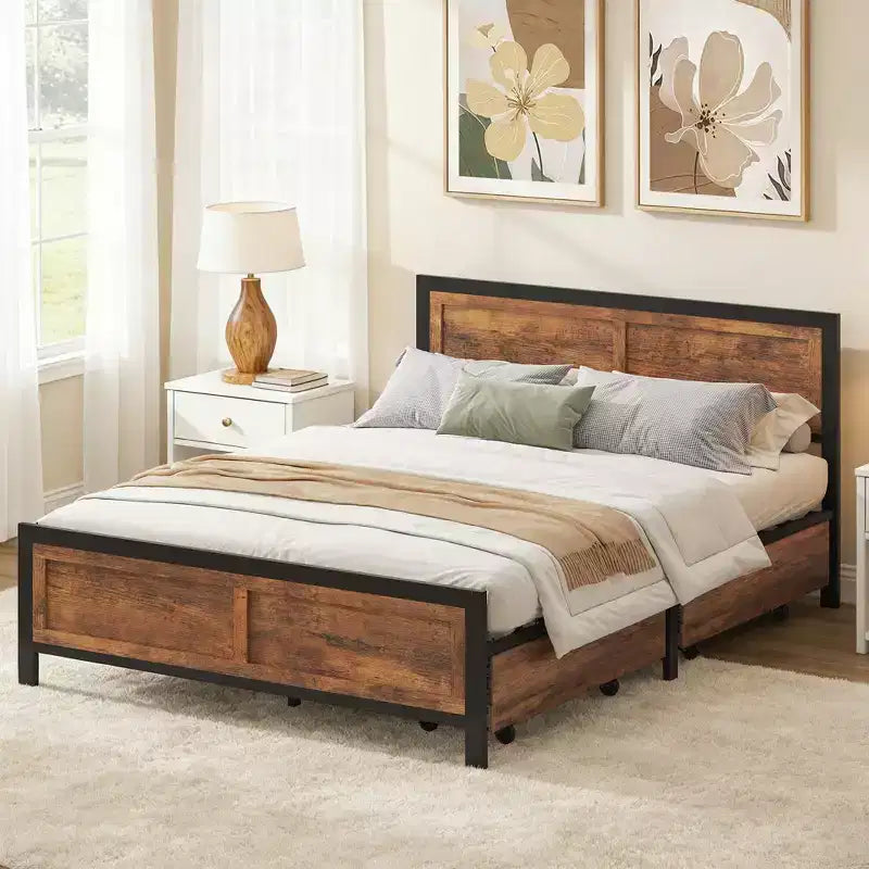 Cadre de lit Queen avec 4 tiroirs de rangement – Plateforme en métal, tête et pied de lit en bois
