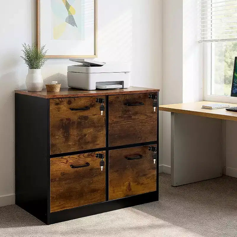 Meuble Classeur en Bois Verrouillable à 4 Tiroirs, Boîte de Classement en Bois pour Bureau à Domicile, Meuble de Rangement Vertical pour Documents au Format A4/Lettre