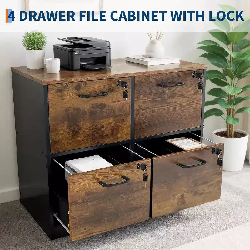 Meuble Classeur en Bois Verrouillable à 4 Tiroirs, Boîte de Classement en Bois pour Bureau à Domicile, Meuble de Rangement Vertical pour Documents au Format A4/Lettre