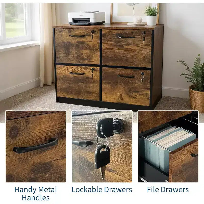 Meuble Classeur en Bois Verrouillable à 4 Tiroirs, Boîte de Classement en Bois pour Bureau à Domicile, Meuble de Rangement Vertical pour Documents au Format A4/Lettre