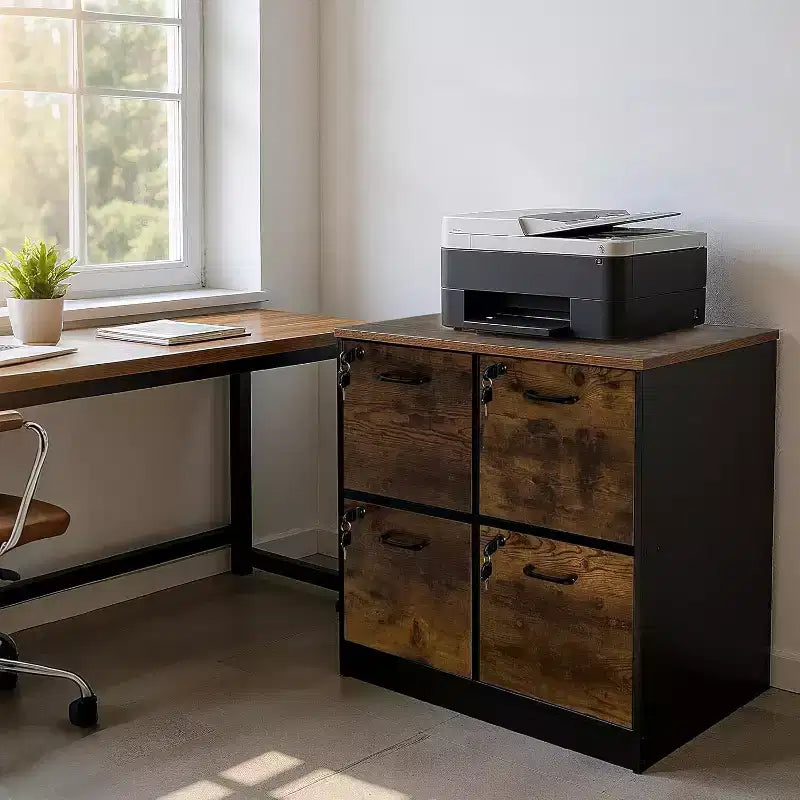 Meuble Classeur en Bois Verrouillable à 4 Tiroirs, Boîte de Classement en Bois pour Bureau à Domicile, Meuble de Rangement Vertical pour Documents au Format A4/Lettre