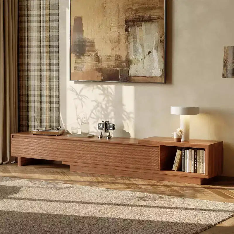 Meuble TV extensible de 78,74 à 102,3 po avec 3 tiroirs et façade texturée