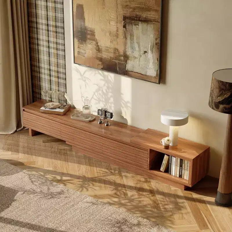 Meuble TV extensible de 78,74 à 102,3 po avec 3 tiroirs et façade texturée
