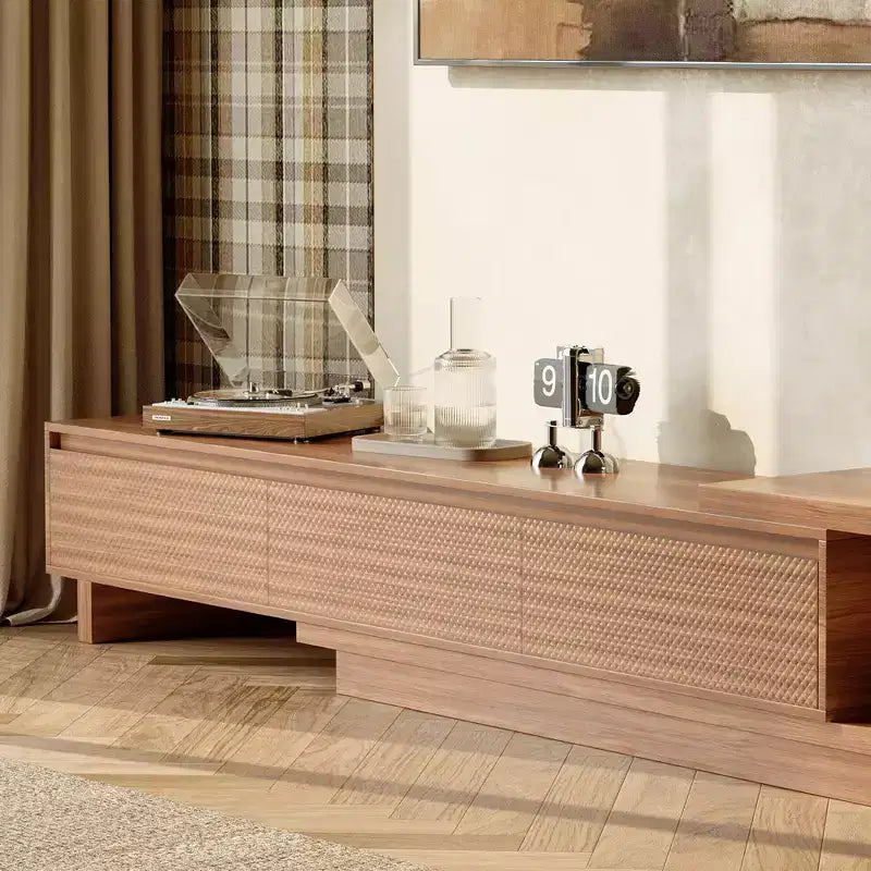 Meuble TV extensible de 78,74 à 102,3 po avec 3 tiroirs et façade texturée