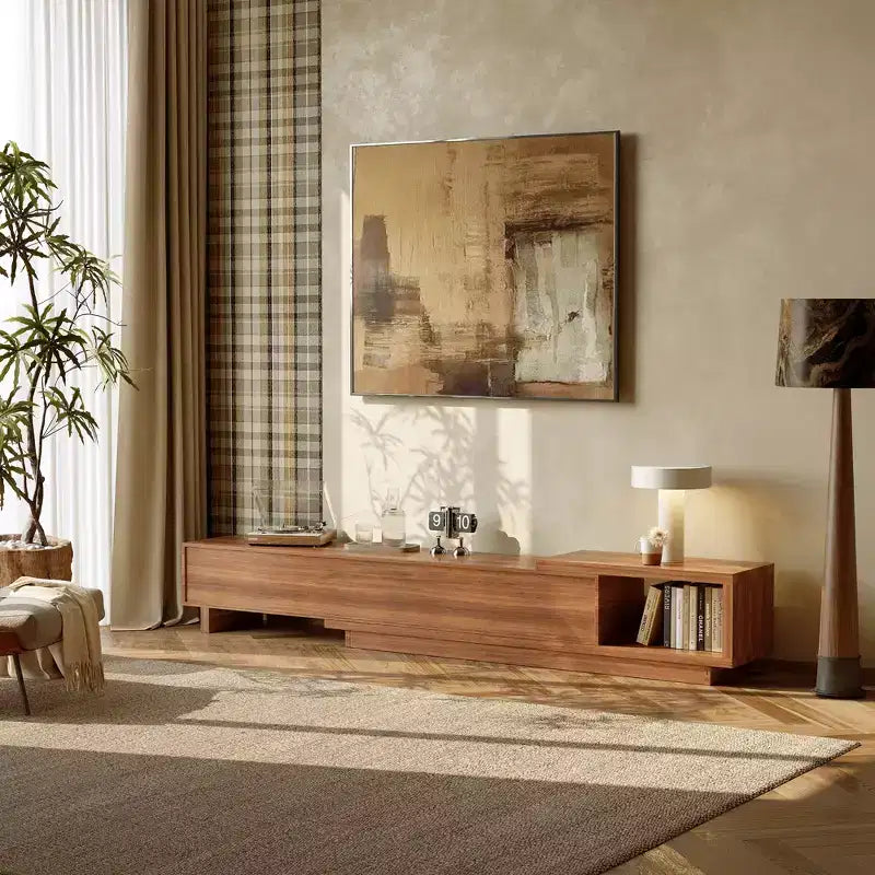 Meuble TV extensible de 78,74 à 102,3 po avec 3 tiroirs et façade texturée