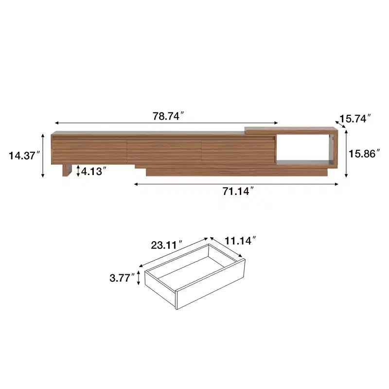 Meuble TV extensible de 78,74 à 102,3 po avec 3 tiroirs et façade texturée