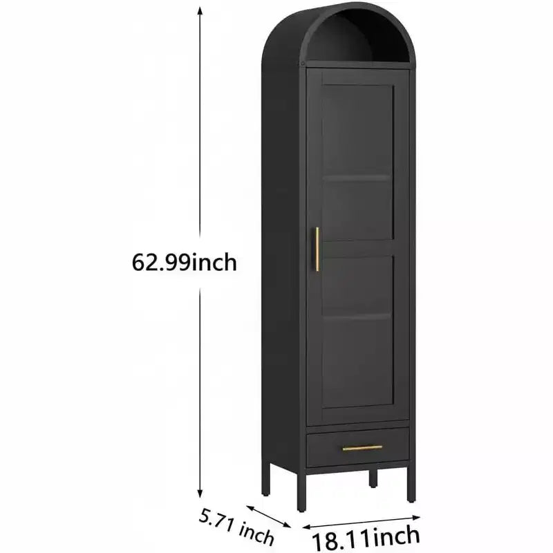 Bibliothèque étroite voûtée de 185 cm avec portes vitrées – Métal noir, style ferme chic