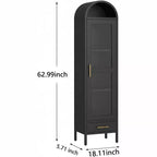 Bibliothèque étroite voûtée de 185 cm avec portes vitrées – Métal noir, style ferme chic