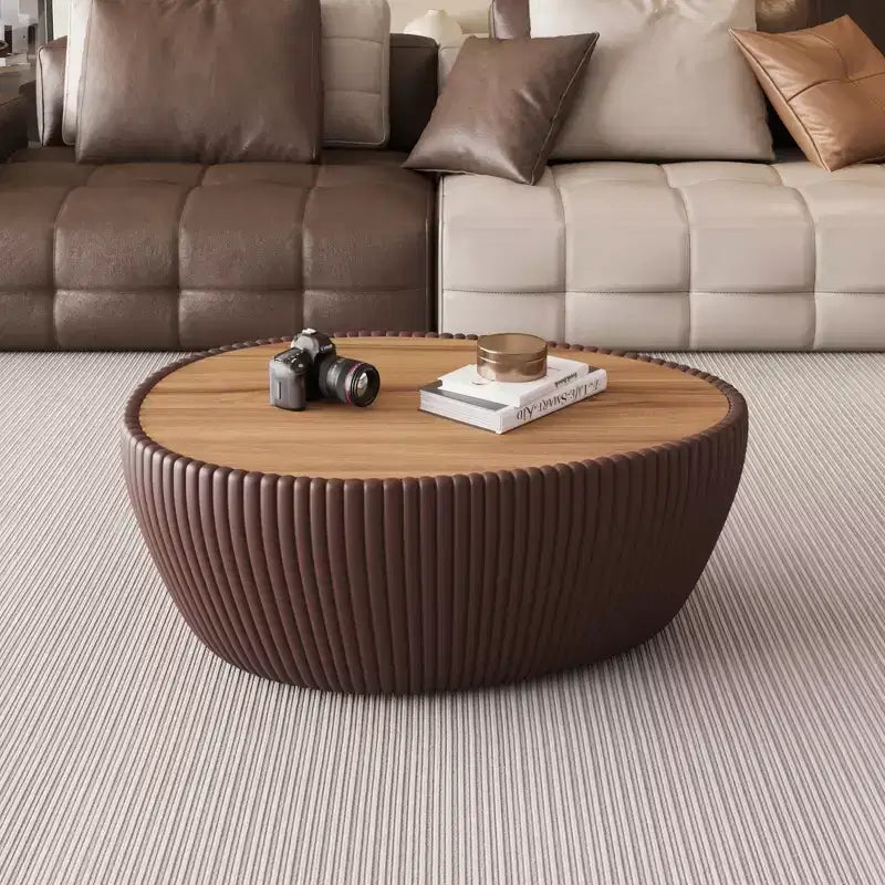 Goose Egg-Shaped Leather Coffee Table with Sintered Stone Top and Unique Pattern