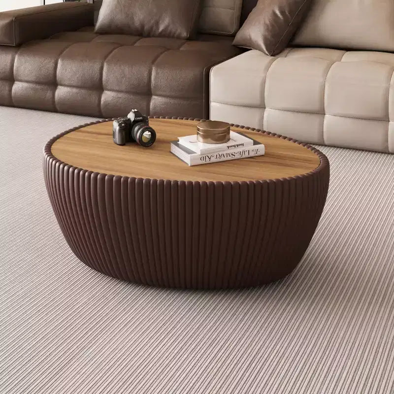 Table basse en cuir en forme d'œuf d'oie avec plateau en pierre frittée et motif unique
