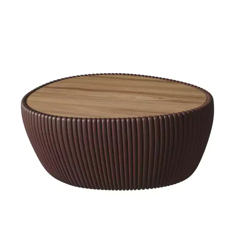 Table basse en cuir en forme d'œuf d'oie avec plateau en pierre frittée et motif unique
