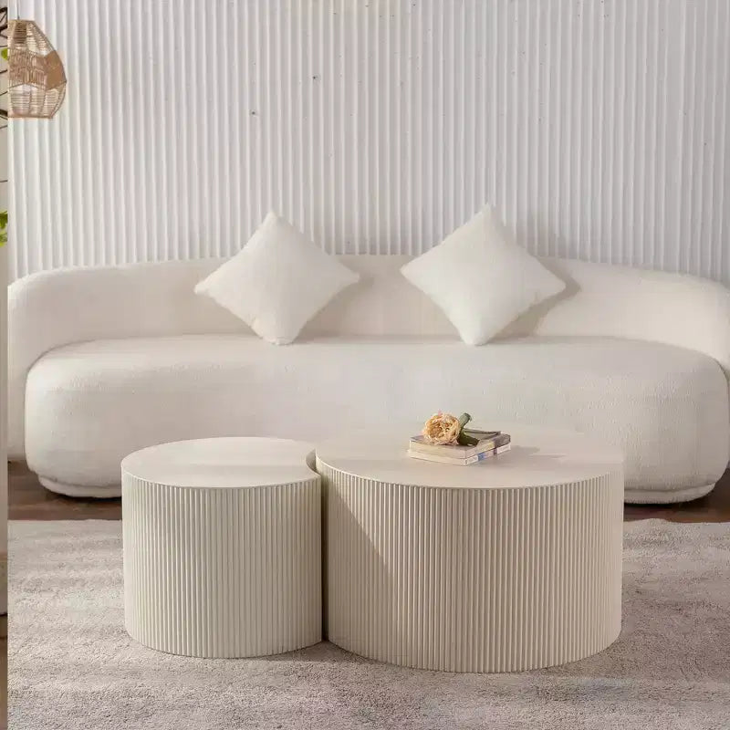 Round Wood Coffee Table with Handcrafted Relief Design for Small Spaces, No Assembly Required