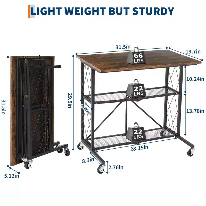 Bureau pliable à 3 niveaux de 3,8 cm avec roulettes - Étagère métallique grande capacité, organisateur sans assemblage pour bureau, cuisine, salon, balcon