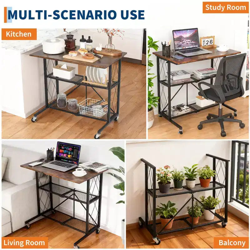 Bureau pliable à 3 niveaux de 3,8 cm avec roulettes - Étagère métallique grande capacité, organisateur sans assemblage pour bureau, cuisine, salon, balcon