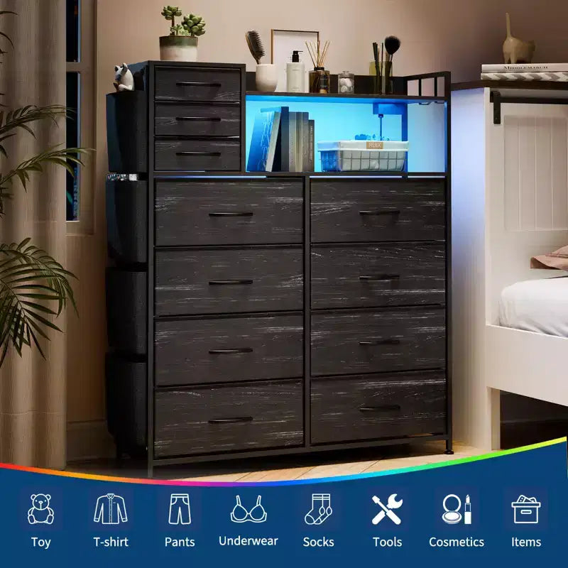 Commode de chambre, commode de rangement en tissu à 11 tiroirs avec station de charge et lumières
