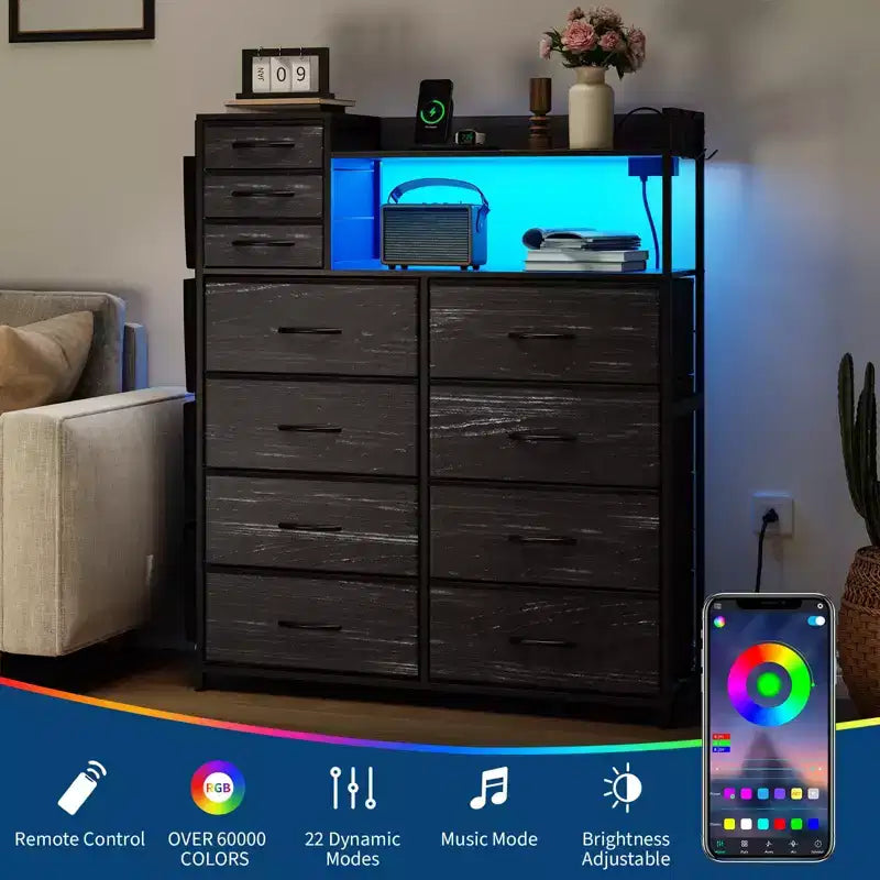 Commode de chambre, commode de rangement en tissu à 11 tiroirs avec station de charge et lumières