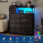 Commode de chambre, commode de rangement en tissu à 11 tiroirs avec station de charge et lumières