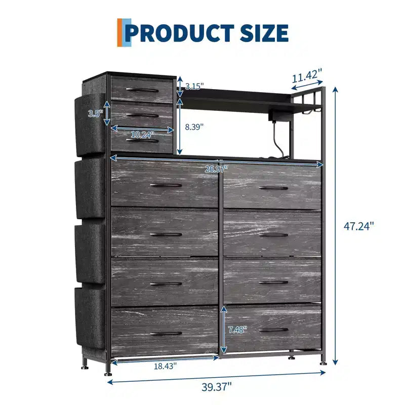 Commode de chambre, commode de rangement en tissu à 11 tiroirs avec station de charge et lumières