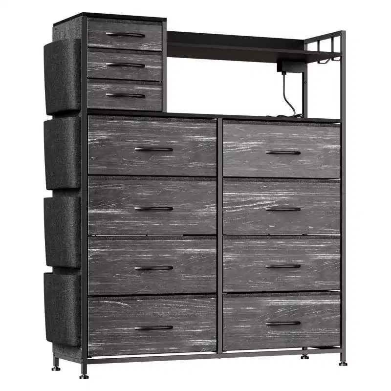 Commode de chambre, commode de rangement en tissu à 11 tiroirs avec station de charge et lumières